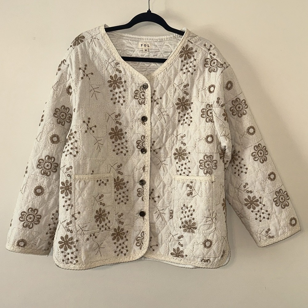 POL Ivory Vintage Bloom Floral Quilted Jacket Embroidered Pockets Oversiz Sz Med